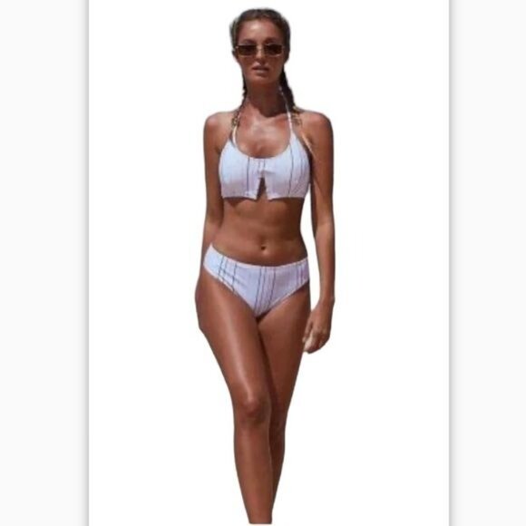 Striped Halter Bikini Set With Tie Back & High Waist Bottoms - Picture 2 of 6